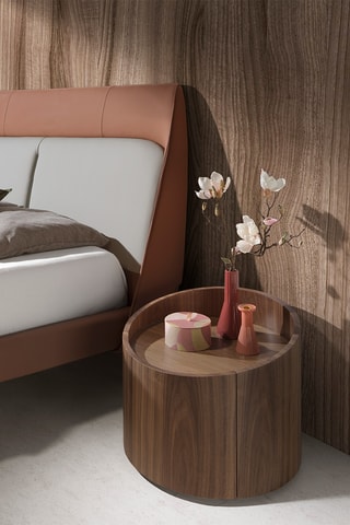Tavolino ovale 1 cassetto - Effetto noce - Struttura in legno placcato noce - 53 x 53 x 44 cm
