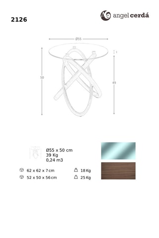 Tavolino in vetro e noce - 55 x 50 x 55 cm