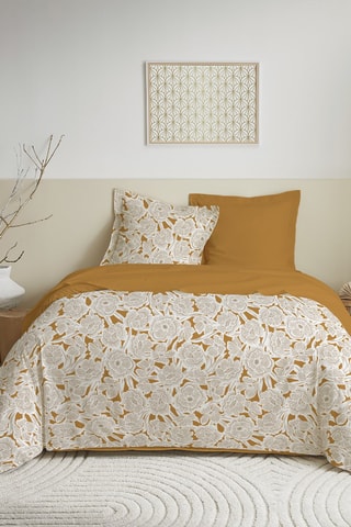 Parure de draps réversible en coton 57 fils/cm² - Blanc et moutarde