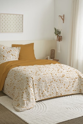 Parure de draps réversible en coton 57 fils/cm² - Blanc et moutarde