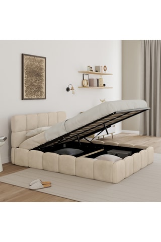 Lit coffre Bubble en velours beige avec sommier et tête de lit 140x190cm