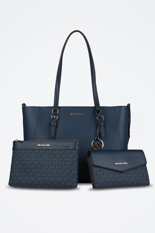 Cabas et 2 pochettes en cuir - Bleu