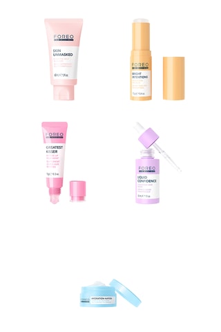 Gelée nettoyante probiotique Skin Unmasked - 60 ml, Baume yeux polypeptidique Bright Intentions - 13 g, Soin des lèvres peptidique Greatest Kisser - 10 g, Gel-crème hydratant céramides Hydration Nation - 60 ml et Sérum à l'acide hyaluronique Liquid Confid
