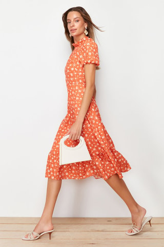 Robe midi - Blanc et orange