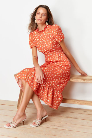 Robe midi - Blanc et orange