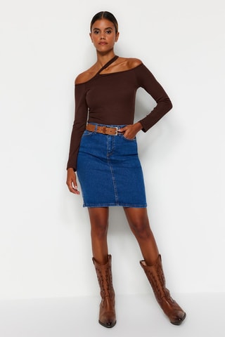 Jupe droite en jean taille haute - Bleu