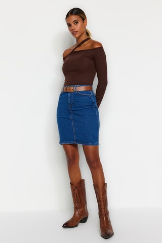 Jupe droite en jean taille haute - Bleu