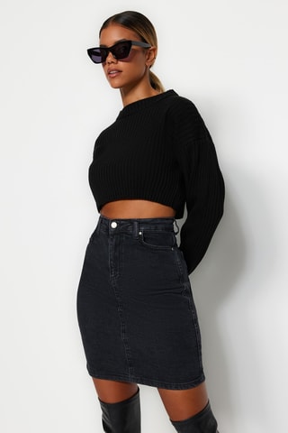 Jupe droite en jean taille haute - Noir