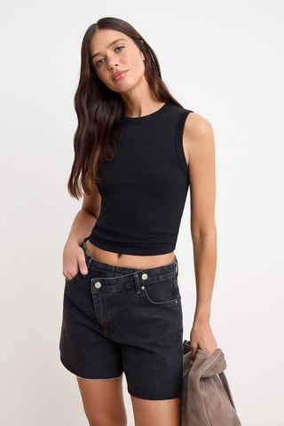 Short en jean taille haute - Gris
