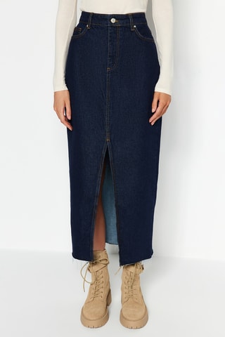Jupe longue en jean taille haute - Bleu, orange et gris