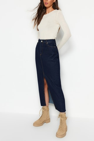 Jupe longue en jean taille haute - Bleu, orange et gris