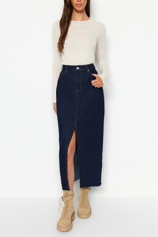 Jupe longue en jean taille haute - Bleu, orange et gris