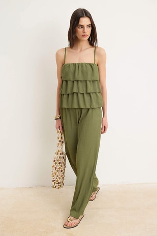 Top volanté et pantalon wide legs taille haute - Kaki