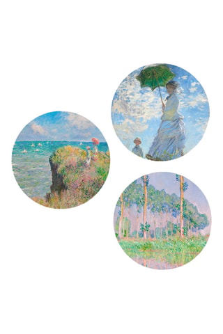 3 quadri “La donna con il parasole”, “Passeggiata sulla scogliera a Pourville” e “Pioppi, effetto rosa” di Claude Monet - 3 x (30 x 30 cm)