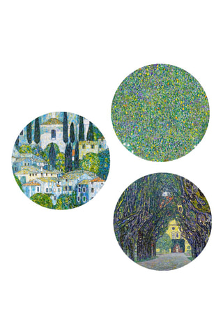 3 dipinti “Chiesa a Cassone”, “Giardino fiorito” e “Viale nel parco del castello di Kammer” di Gustav Klimt - 3 x (30 x 30 cm)