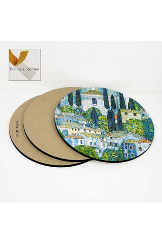 3 dipinti “Chiesa a Cassone”, “Giardino fiorito” e “Viale nel parco del castello di Kammer” di Gustav Klimt - 3 x (30 x 30 cm)