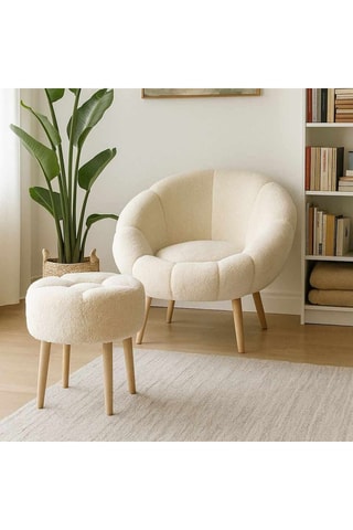 Fauteuil et pouf Lida - Crème - En tissu bouclette