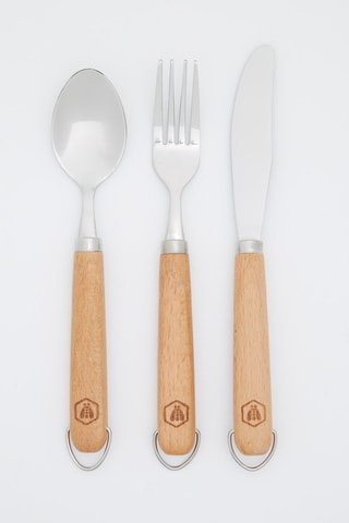 3 couverts pique-nique en hêtre et acier inoxydable - 10 cm