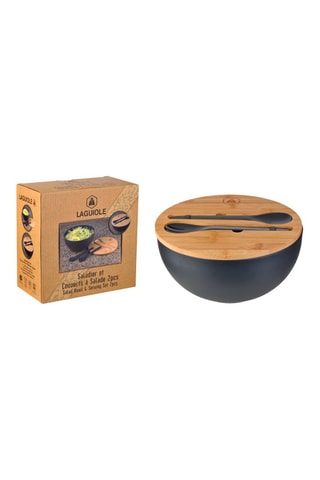 Service à salade avec couvercle en bois massif - 3 pièces