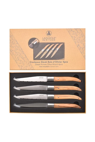 4 couteaux à steak en acier inoxydable et bois d’olive - 27,5 cm