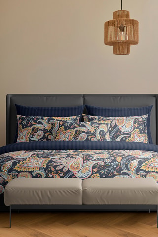 2 taies d'oreiller en satin de coton 80 fils/cm² Boteh - Bleu foncé et orange