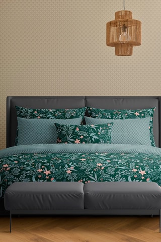 2 taies d'oreiller en satin de coton 80 fils/cm² Harmonie des oiseaux - Vert et rose