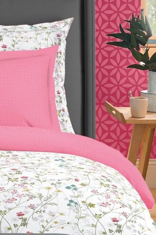 Parure de couette en satin de coton 80 fils/cm² Fleurs sauvages - Blanc et rose