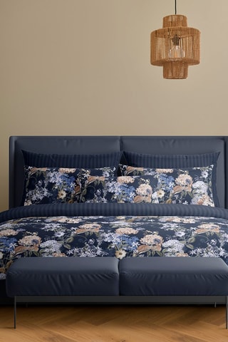 Parure de couette en satin de coton 80 fils/cm² Floraison d'hortensias - Bleu foncé