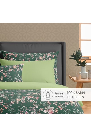 Drap plat réversible en satin de coton 80 fils/cm² Murmure floral - Vert