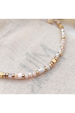 Ketting van Beige Kralen & Steentjes - Messing Doublé Goud 