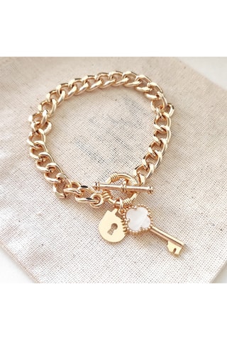 Armband met Slot en Klaver - Messing Doublé Goud & Witte Parelmoer