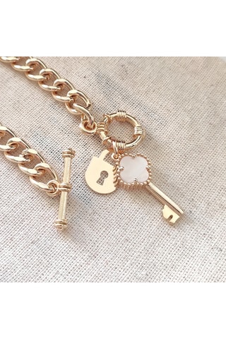 Armband met Slot en Klaver - Messing Doublé Goud & Witte Parelmoer