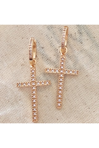 Oorbellen in Kruisvorm - Messing Doublé Goud & Zirkonia’s