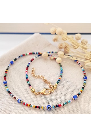 Ketting met Parels & Blauw Oog - Messing Doublé Goud 