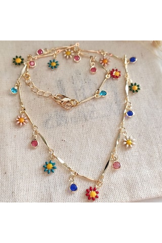 Ketting Bloemen - Messing Doublé Goud & Multicolor Steentjes