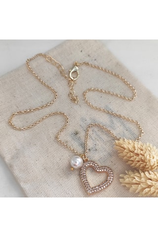 Ketting met Hangerin Hartvorm - Goudkleurig Messing, Doublé Goud, Parels & Zirkonia’s 