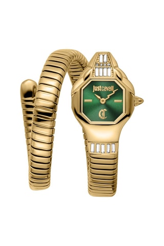 Stalen Quartz Horloge met Tsjechische Kristallen Brillante Snake - Goudkleurig en Groen
