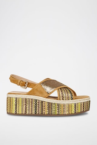 Sandales compensées en cuir de chèvre Shakima - Camel et vert clair 