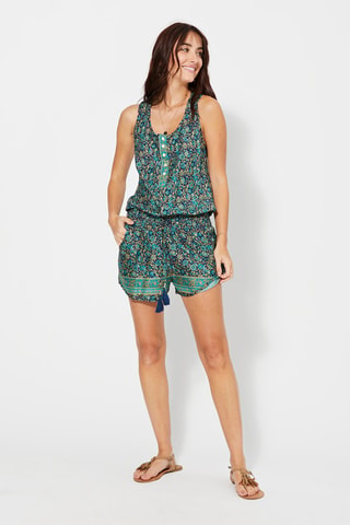 Playsuit met Bloemmotief - Beige en blauw