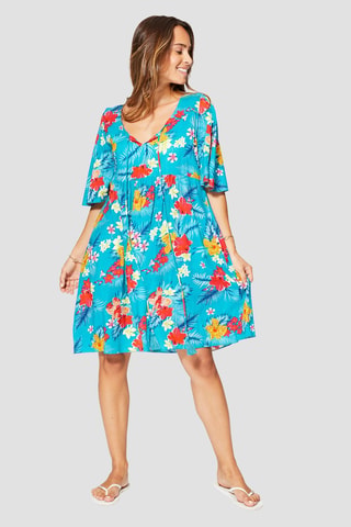 Jurk met Ruches - Turquoise en roze