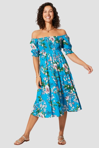 Vestido midi - Azul e branco - Turquesa e verde