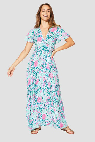 Lange jurk - Groen, roze en blauw