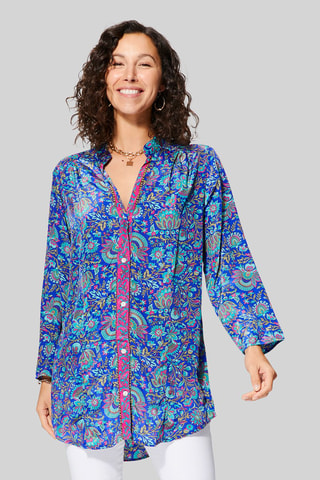 Blouse - Beige, blauw en roze