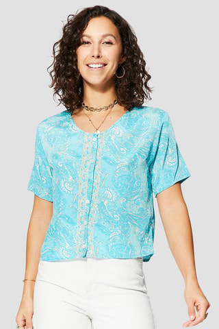 Blouse - Turquoise en beige
