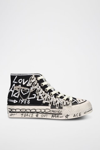 Sneakers montantes - Blanc, noir et beige