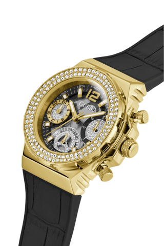 Montre à quartz en cuir et silicone - Chronographe - Noir et doré