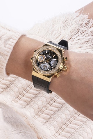 Montre à quartz en cuir et silicone - Chronographe - Noir et doré