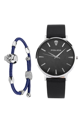 Coffret montre à quartz en cuir et bracelet - Noir et bleu