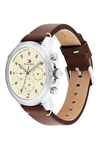 Montre à quartz en cuir - Chronographe - Marron et argenté