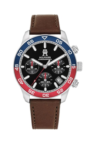 Montre à quartz en cuir - Chronographe - Marron et argenté